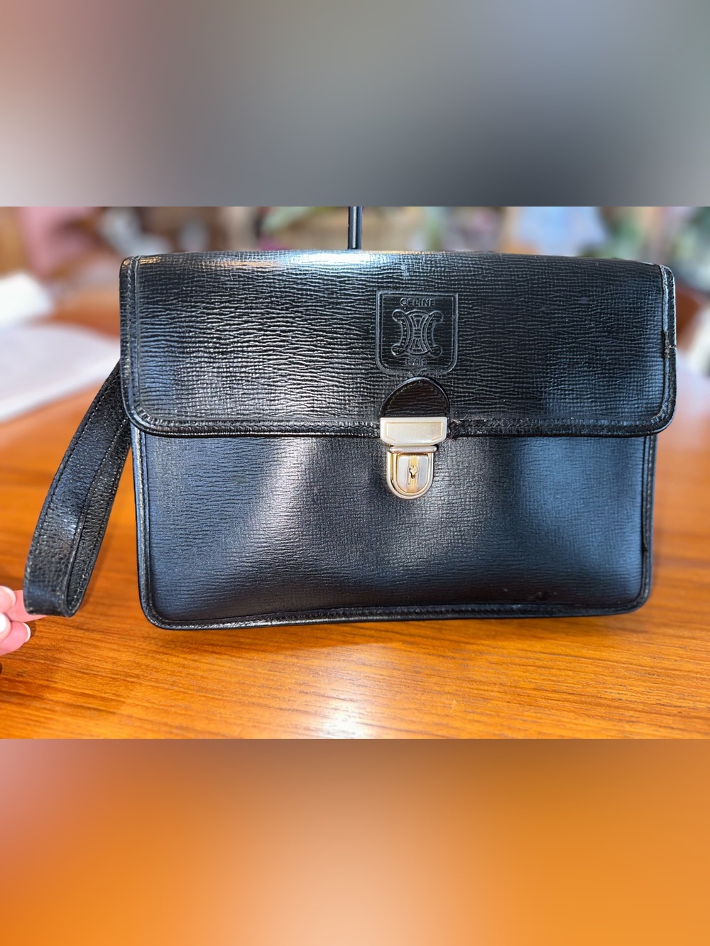 Céline Paris | Black Leather Triomphe Clutch Wristlet | Collector | Vintage